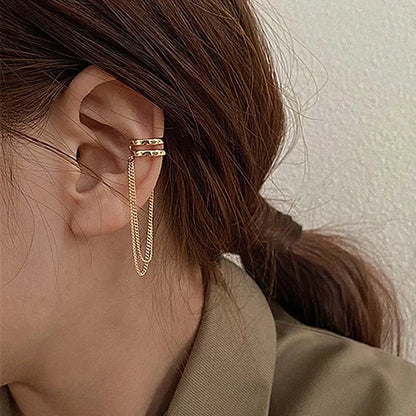 Silver Color Crystal Tassel Non-Piercing Cuff Ear Clip Earring For Women Shiny Rhinestone Chain Fake Cartilage Piercing Jewelry