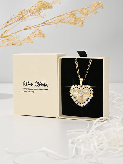 Heart Guadalupe Medal Necklace 14K Gold Plated Religious Medallion Medal Valentine's day Novelty Gifts Virgin Mary Jewelry Chain