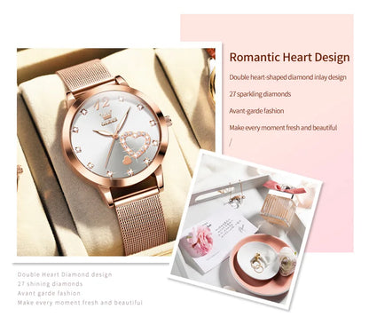 OLEVS 5189 Women's Watch Quartz Wristwatch Casual Fashion Watch for Ladies Waterproof Luminous Mesh Belt Love Dial Zircon Scale