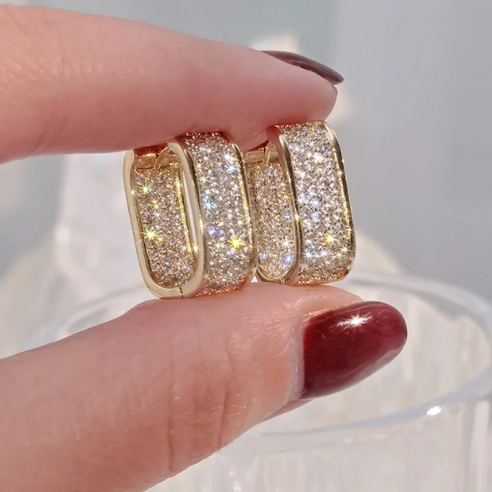 Luxury Full of Zircon Shiny Geometric Square Hoop Earrings for Women Temperament Gold Color Stainless Steel Korea Jewelry Gift