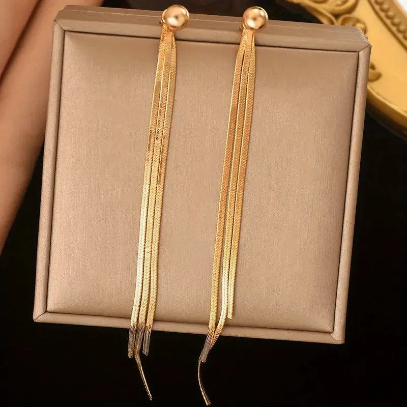 Classic Metallic Long Tassel Dangle Earrings for Women Ladies Simplicity Temperament Drop Earrings Banquet Jewelry Accessories