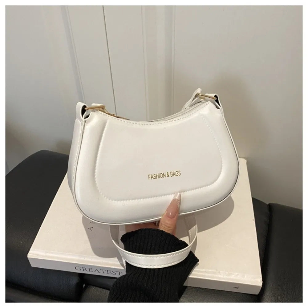 New PU Leather Shoulder Bag Large Capacity Moon-shaped Underarm Bag Solid Color Tote Handbag Women