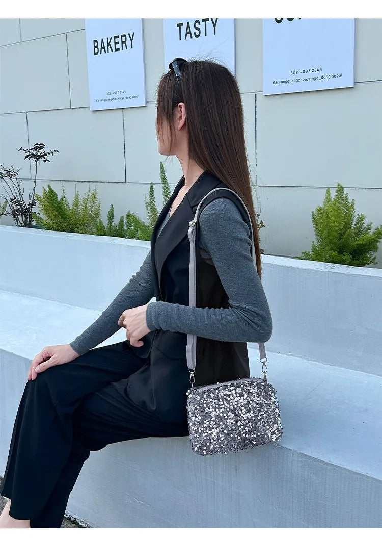 Colorful Sequins Crossbody Bag Simple INS Solid Color Sequins Shoulder Bag Underarm Bag Phone Purse Evening Clutch Bags Handbag