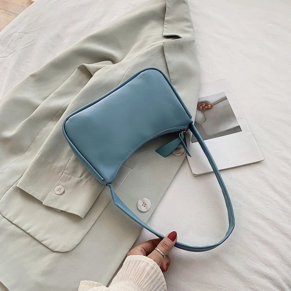 Retro Soft PU Leather Women Shoulder Underarm Bags Casual Solid Color Small Top-Handle Handbags Ladies Fashion Shoulder Bags