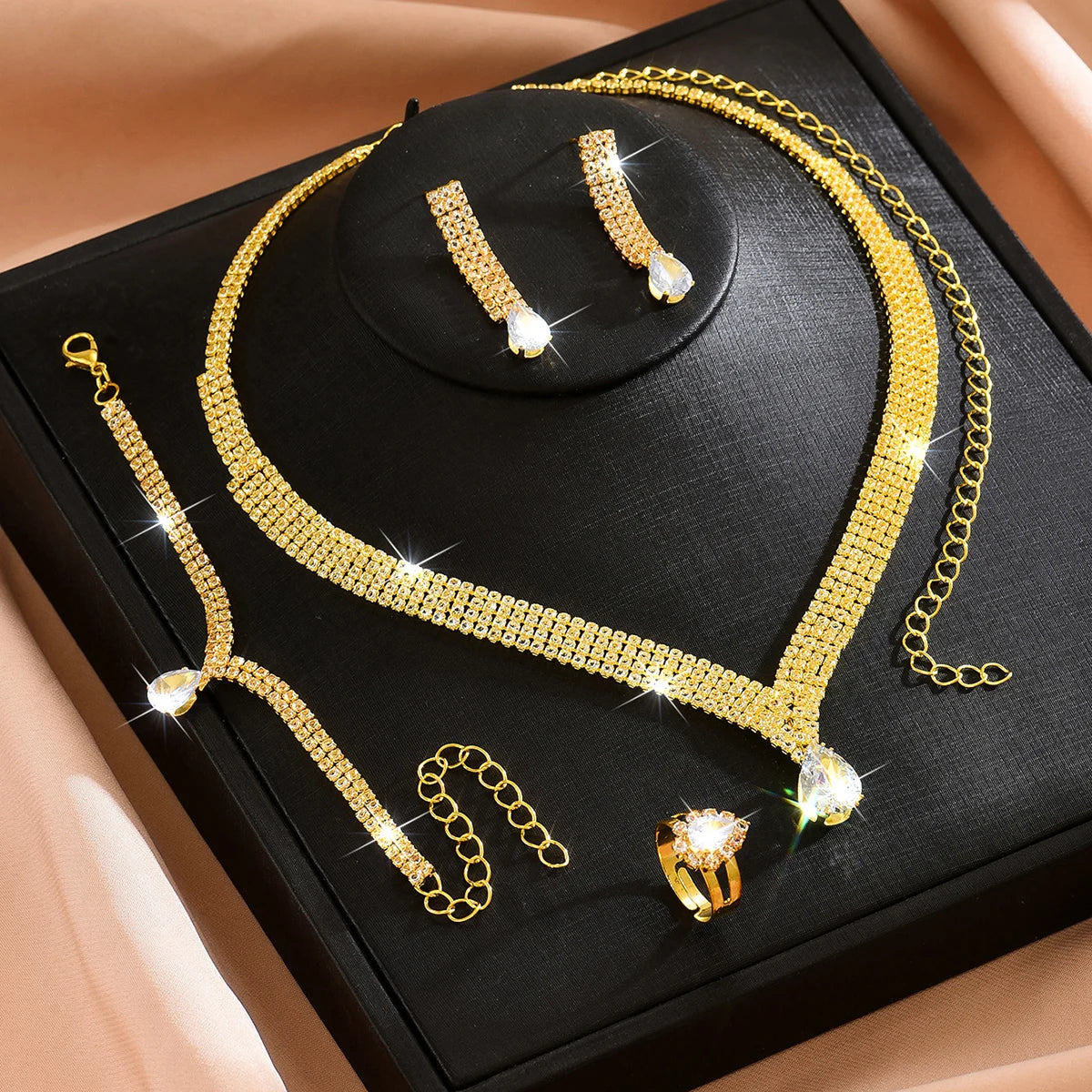 5PC exquisite new super sparkling necklace earrings bracelet ring complete set of bridal dress banquet party accessories