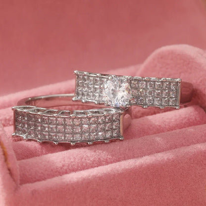 2pcs/set Fashionable Luxury Sparkling Synthetic Zircon Couple Rings Women's Stacked Rings Wedding Engagement Jewelry