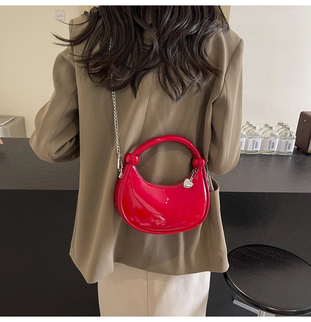 Red Patent Leather Handheld Bag For Women New Spring Autumn Chain Crossbody Bag Fashion Versatile Love Zipper Shoulder Small Bag
