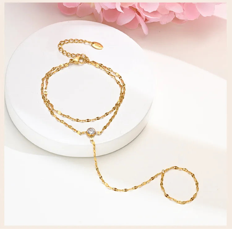 Stainless Steel Hand Chain Ring Bracelet for Women, Adjustable Gold Plated Double Layer Finger Bracelets Summer Party Jewelry