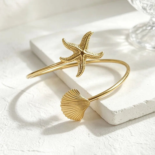 New Ocean Style Upper Arm Cuff Bracelet Starfish Metal Cuff Arm Ring Spiral Design Gold Color Open Cuff Armlet Women