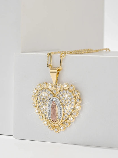 Heart Guadalupe Medal Necklace 14K Gold Plated Religious Medallion Medal Valentine's day Novelty Gifts Virgin Mary Jewelry Chain