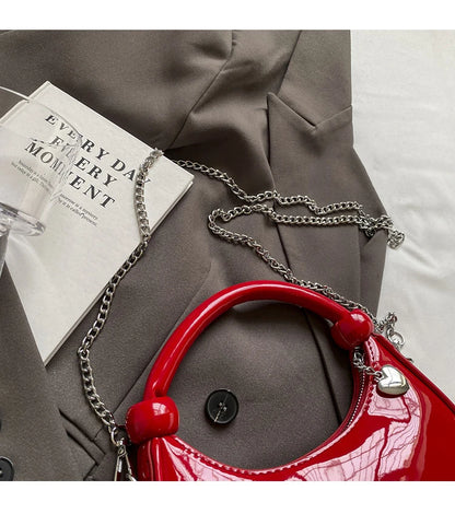 Red Patent Leather Handheld Bag For Women New Spring Autumn Chain Crossbody Bag Fashion Versatile Love Zipper Shoulder Small Bag