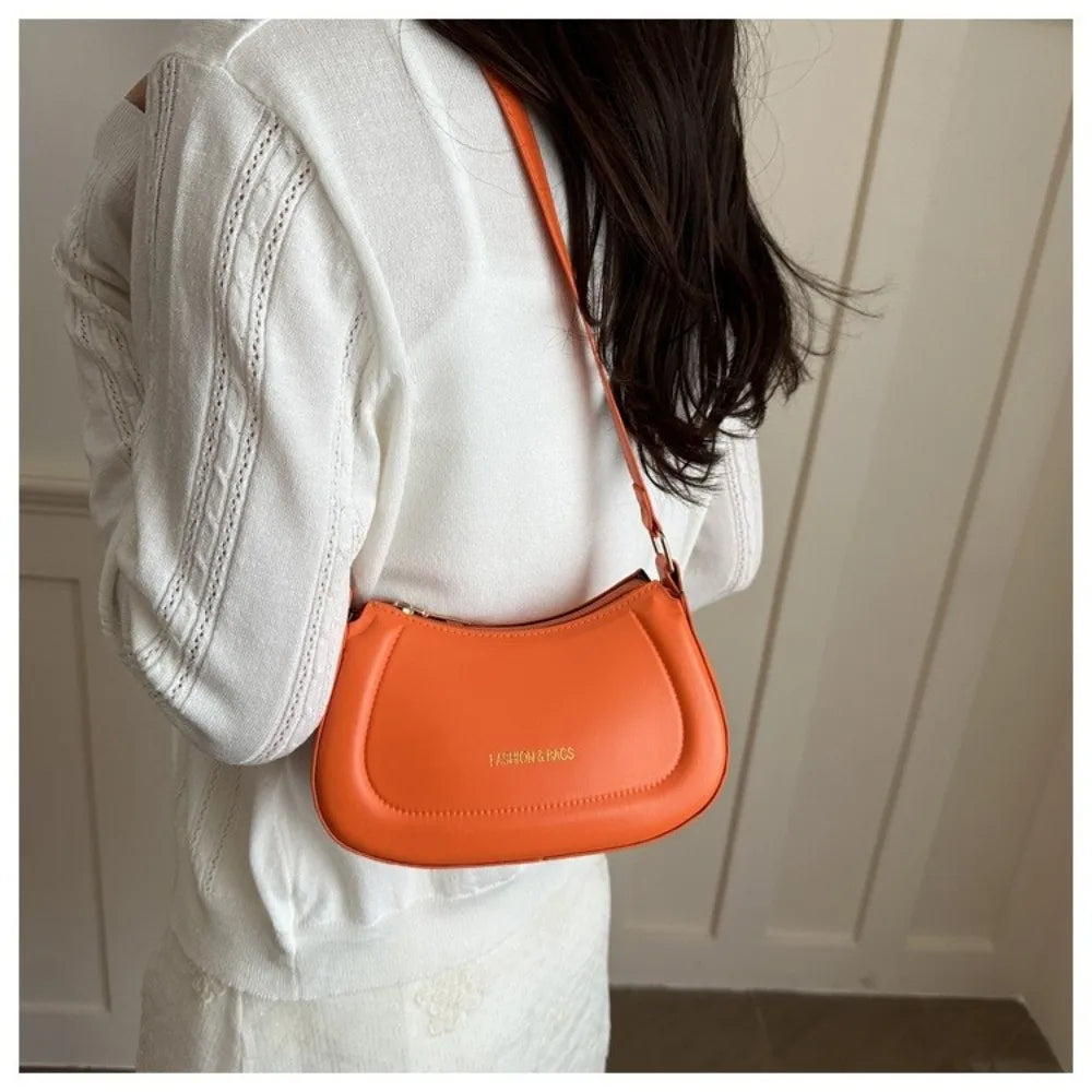 New PU Leather Shoulder Bag Large Capacity Moon-shaped Underarm Bag Solid Color Tote Handbag Women