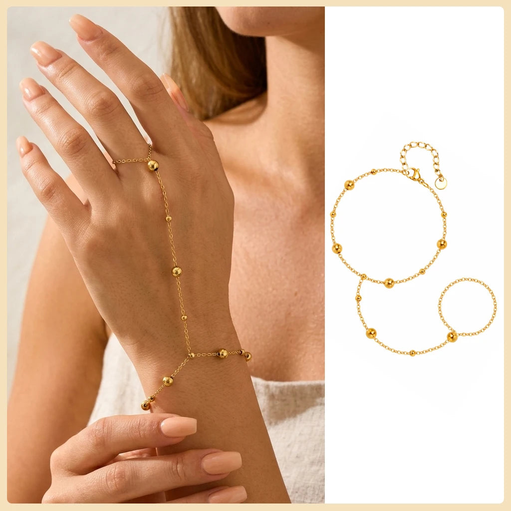 Stainless Steel Hand Chain Ring Bracelet for Women, Adjustable Gold Plated Double Layer Finger Bracelets Summer Party Jewelry