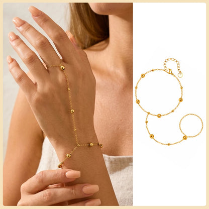 Stainless Steel Hand Chain Ring Bracelet for Women, Adjustable Gold Plated Double Layer Finger Bracelets Summer Party Jewelry