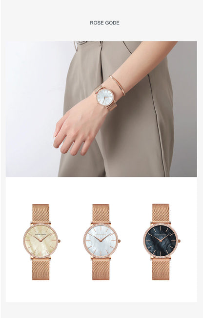 Luxury Women Watch Japanese Quartz Movement Shell Dial Rhinestone Stainless Steel Fashion Gift Box Waterproof Ladies Wristwatch