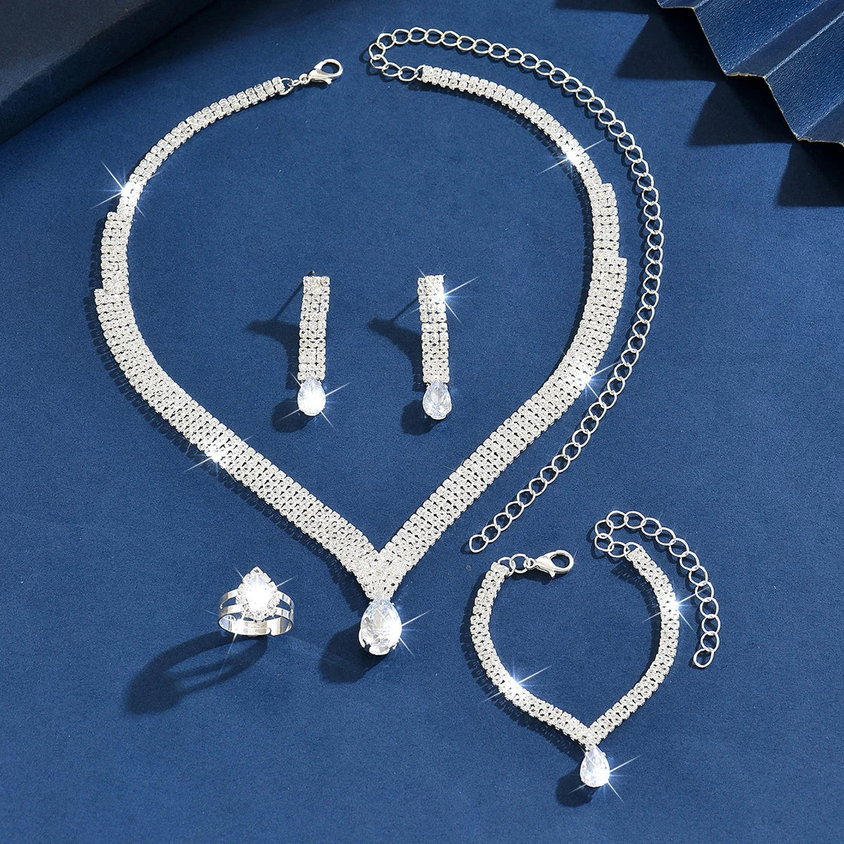 5PC exquisite new super sparkling necklace earrings bracelet ring complete set of bridal dress banquet party accessories