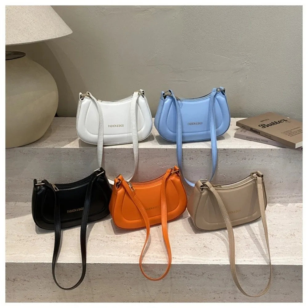 New PU Leather Shoulder Bag Large Capacity Moon-shaped Underarm Bag Solid Color Tote Handbag Women