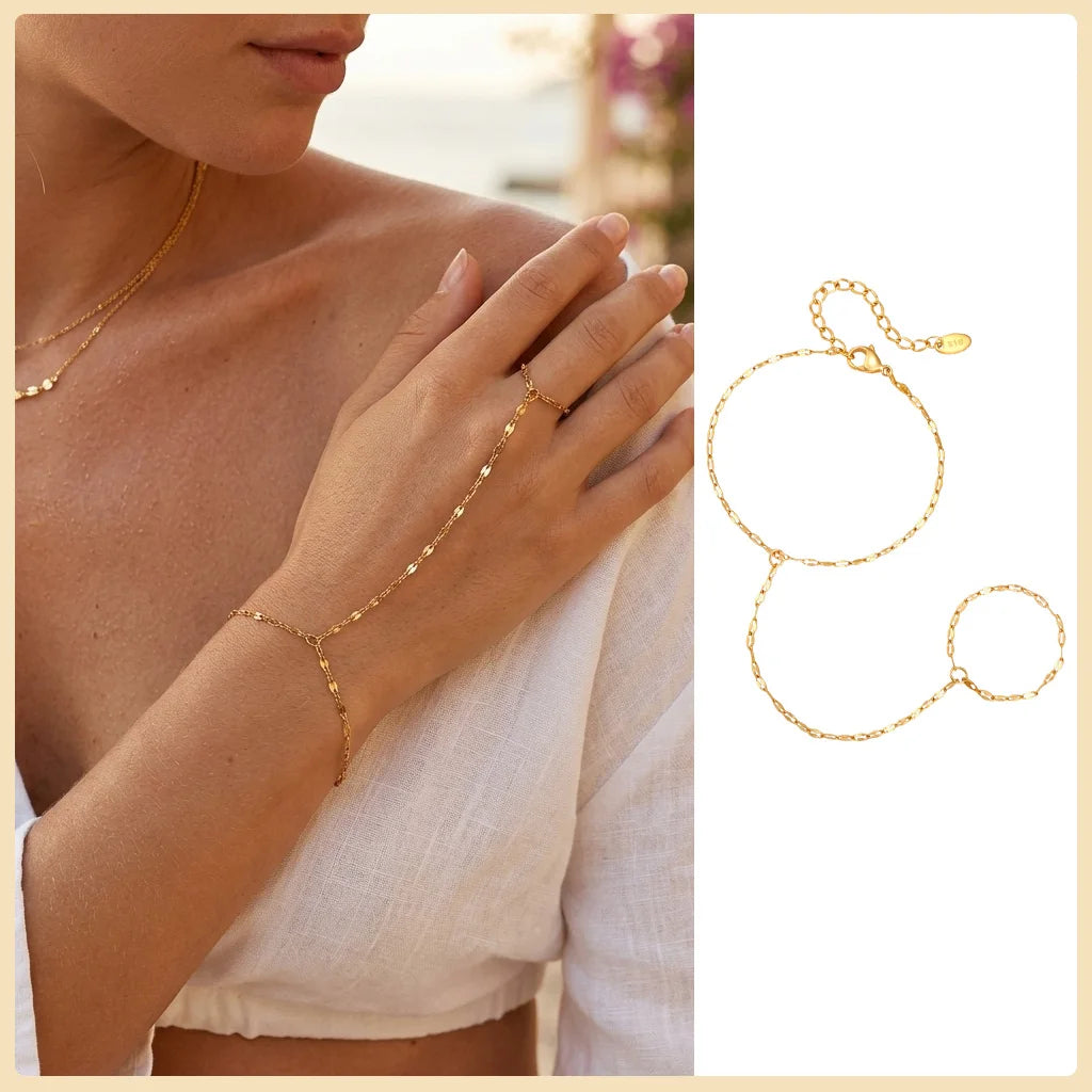 Stainless Steel Hand Chain Ring Bracelet for Women, Adjustable Gold Plated Double Layer Finger Bracelets Summer Party Jewelry