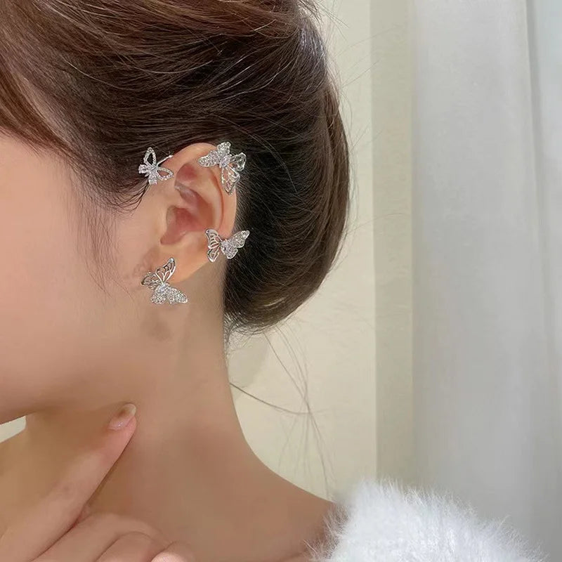 Exquisite Sparkling Zircon Leaves Ear Cuff Stud Earring for Women Silver Color Cubic Zirconia Earrings Party Jewelry