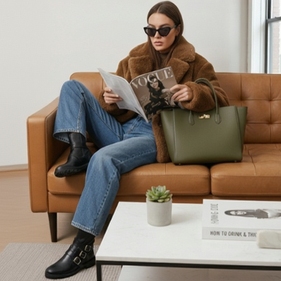 Woman reading a magazine on a brown leather couch with a green handbag.
