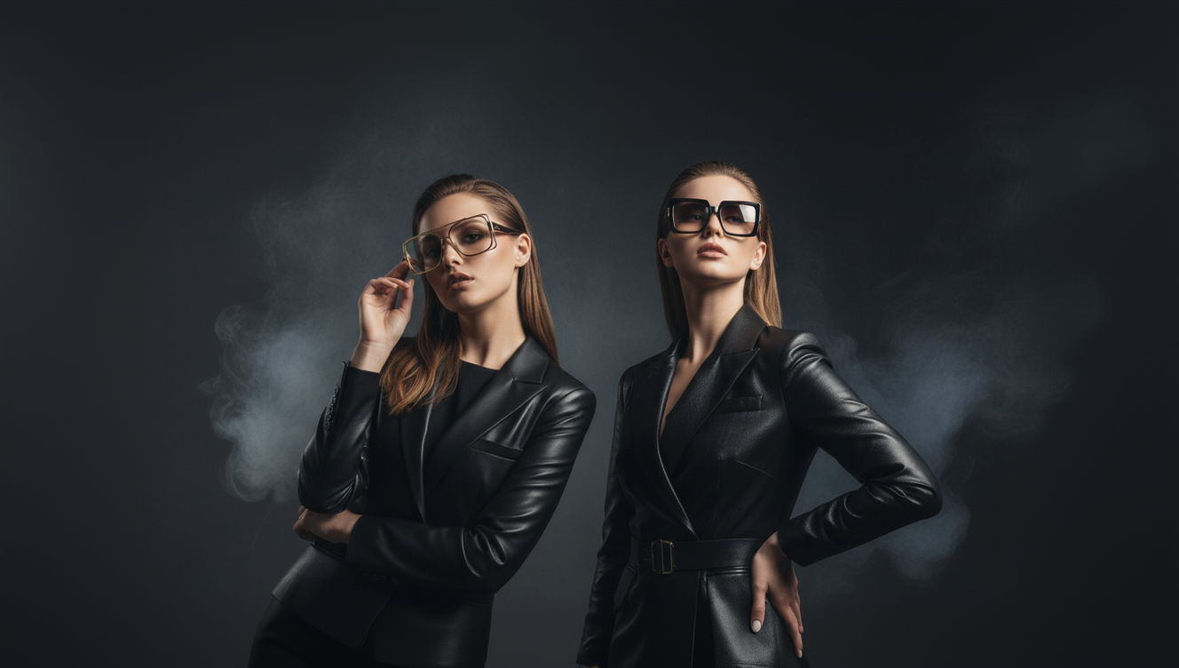 Two women in black leather outfits with sunglasses on a dark background